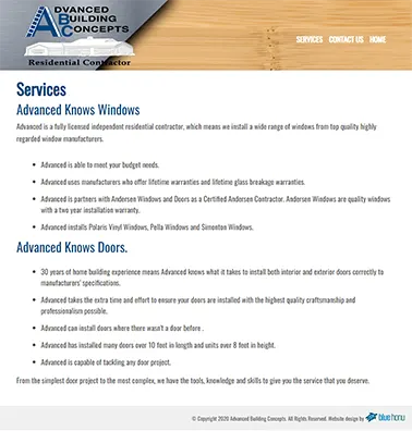Screenshot 2 of website for Adavanced Building Concepts